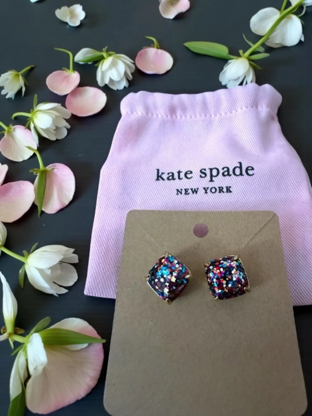 Kate Spade Multicolor Square Glitter Stud Earrings | Gold Setting - Dust Bag